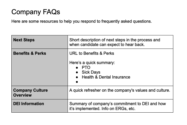 Screenshot of the Company FAQs section. Shows a 2-column table with the following fields: Next Steps, Benefits & Perks, Company Culture Overview, DEI information