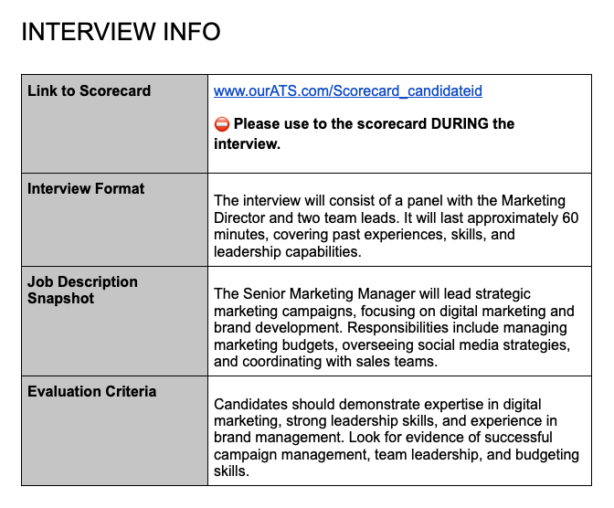 Screenshot of the Interview Info section. Shows a 2-column table with the following fields: Link to scorecard, Interview format, Job Description snapshot, Evaluation criteria