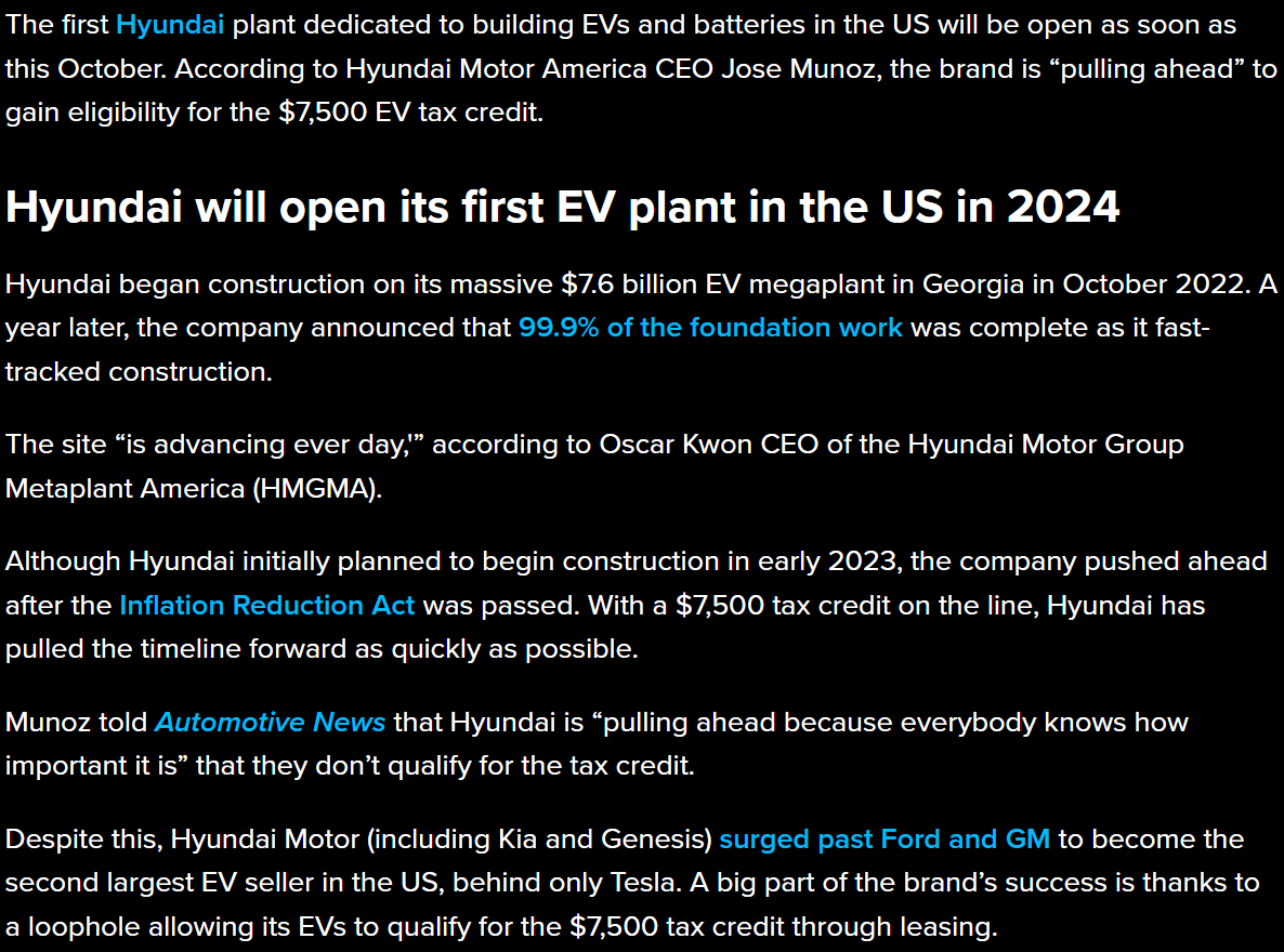 Hyundai says first EV plant will open soon to gain $7,500 tax credit